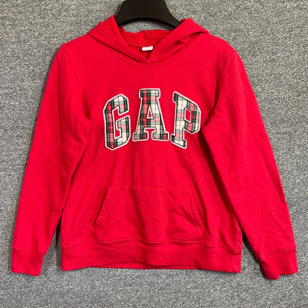 Gap Hoodie Womens S Red Plaid Logo Fleece Sweatshirt